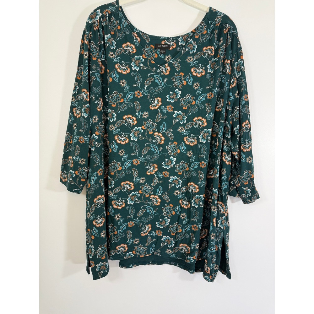 J Jill Wearever 2X Floral Paisley Tunic Top Teal Green Rayon Stretch Shirt Vneck